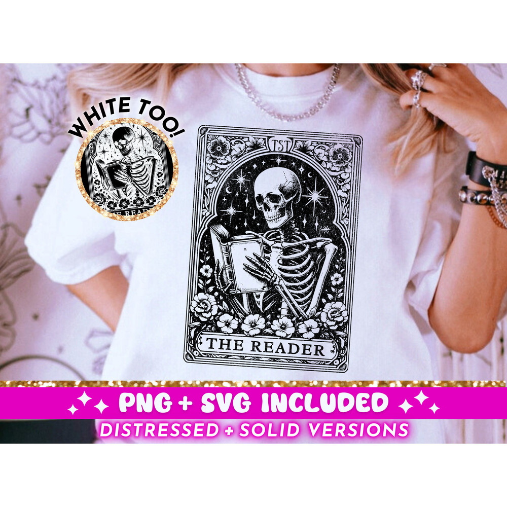 The Reader Tarot Card SVG PNG, Skeleton Reading Sublimation Design, Booktrovert Witchy Skull Book Lover Librarian png SVG Cut File, Download.jpg