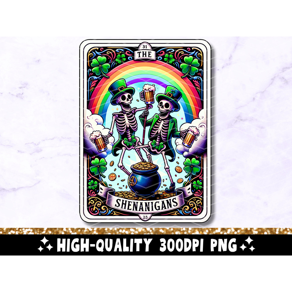 The Shenanigans Funny Tarot Card PNG, Skeleton St Patricks Sublimation Design, Lucky Leprechaun Skull Shamrock PNG File, Digital Download.jpg