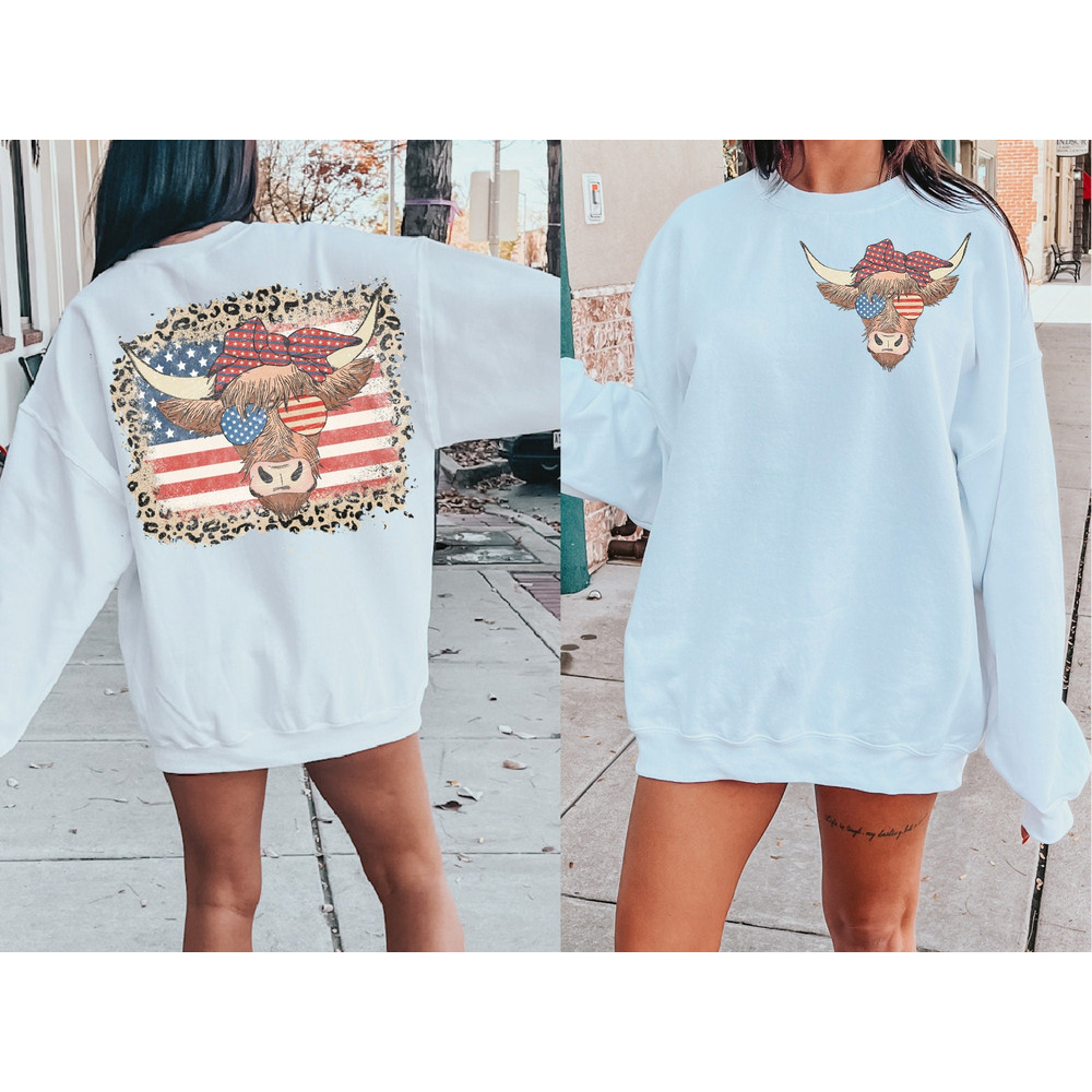 2 Files Highland Cow With 4th July bandana and glasses, USA flag and leopard, PNG Hand Drawn Sublimation PNG .jpg