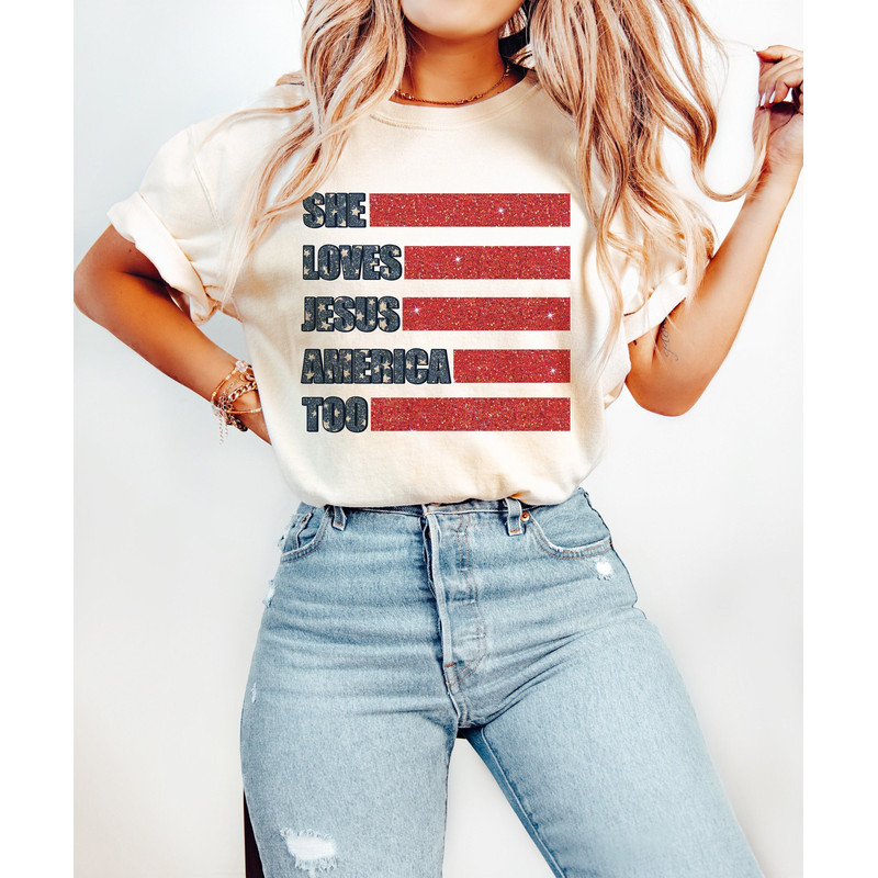Faux Sequins America Sublimation Designs, She loves jesus and america too, 4th Of July Png, Independence Day png, Retro America sublimation.jpg
