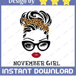 november girl svg, woman with glasses svg, girl with leopard plaid bandana design, november svg, png
