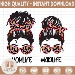 Pink Leopard mom life kid life png, skull sublimation designs downloads matching family svg s messy buns sunglasses head