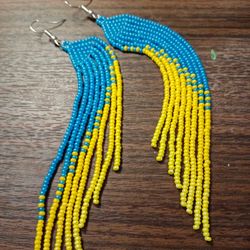 Extra long blue yellow gradient earrings Seed bead Ukrainian blue yellow earrings Boho ombre earrings