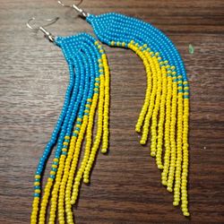 extra long blue yellow gradient earrings seed bead ukrainian blue yellow earrings boho ombre earrings