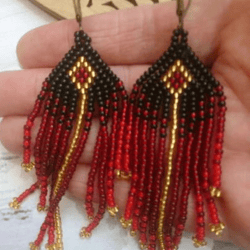 Small red and gold boho beaded ombre earrings for women Little boho beaded earrings Huichol Geometric Earrings