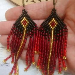 small red and gold boho beaded ombre earrings for women little boho beaded earrings huichol geometric earrings