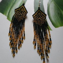 Black and gold long beaded fringe earrings for women Spectacular beaded earrings boho earrings