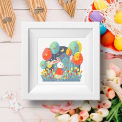 cute easter bunny in a spring garden among flowers and colorful balloons cross stitch digital printable a4 pdf pattern