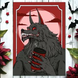 Gothic horror art print with Werewolf. Spooky fantasy poster. Goth home decor. Dark art wall decor.