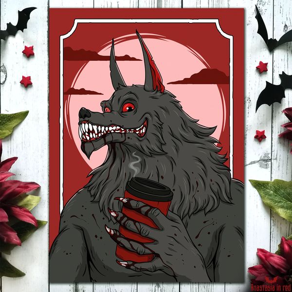 Gothic horror art print with Werewolf by Anastasia in red