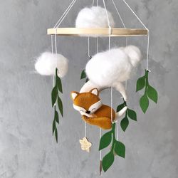 Fox on the Moon baby mobile neutral nursery Woodland mobile baby Forest crib mobile