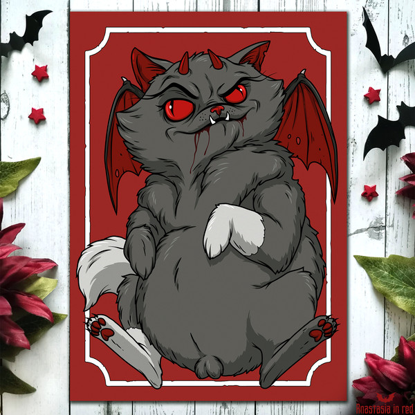 Gothic horror art print with Demon Cat by Anastasia in red