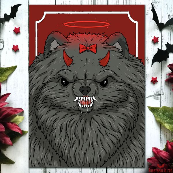 Gothic horror art print with Demon Pomeran by Anastasia in red