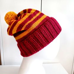 griffindor pompom hat handknit women hat christmas gift for her warm hats winter hat griffindor hat women hats