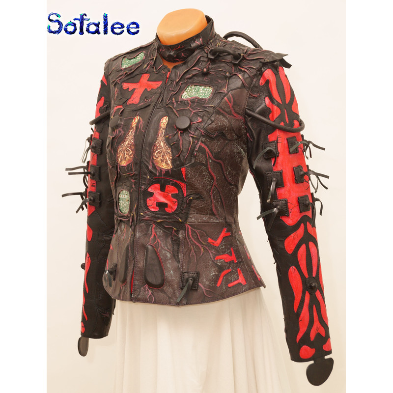 Handmade women's jacket coat of genuine leather red black color exclusive.jpg