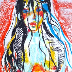 Portrait of a girl. women, long black hair, blue eyes, bright background, print, illustration