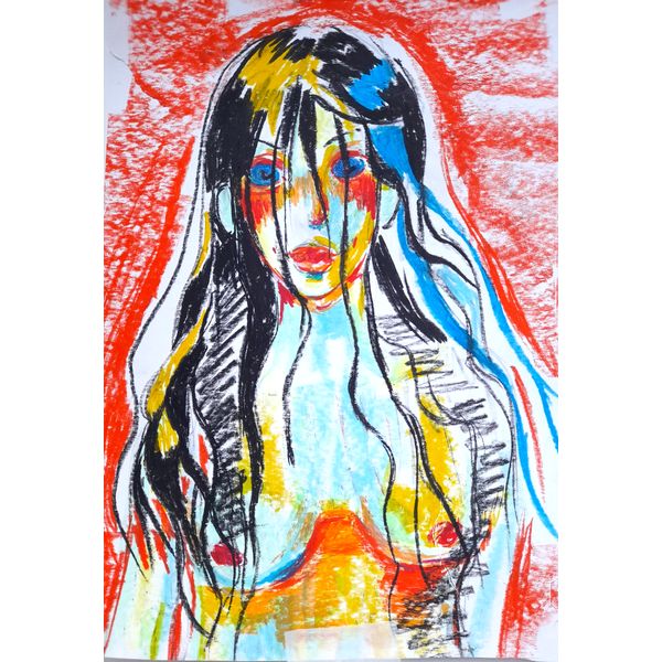 8 пикс. Portrait of a girl. women, long black hair, blue eyes, bright background, print, illustration.png