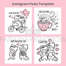 VALENTINE POSTS Cat Social Media Template Cartoon Vector Set