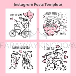 valentine posts cat social media template cartoon vector set