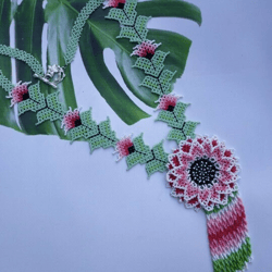 stylish ukrainian beaded ethnic necklace with pink flower long beaded floral necklace with large pink flower for women