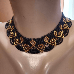 Black and gold beaded necklace Exquisite Ukrainian necklace Colored beaded necklace Huichol beaded necklase