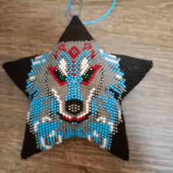 3D Beaded Christmas star with wolf Christmas garland Beaded decoration for the Christmas tree or for the house