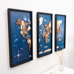 World Map 3 Panel Wall Art by Enjoy The Wood, Wooden Travel Map with Background, Housewarming Gift for First Home