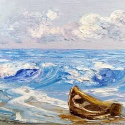 Marine Oil Painting Seascape Boat near the Shore Picture 5*7 inch Sea Art