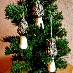 Ceramic morel mushrooms. Christmas tree ornament