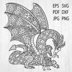 Dragon and Girl Svg, Girl with Dragon SVG, Patterned Dragon Svg, Dragon Zentangle Art, Dragon PNG EPS DXF