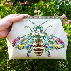 Honey Bee Beads / Ribbon Embroidery Linen Boho Crossbody Bag