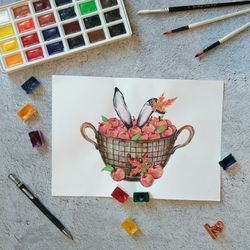 hare in apples painting original art rabbit art wall art 8 by 6 inches riche art ready to ship