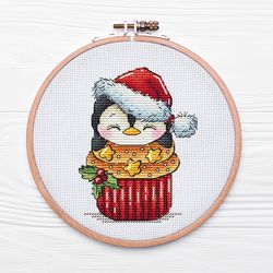 Christmas Cupcake Cross Stitch Pattern PDF, Dessert Cross Stitch, Penguin Embroidery Chart, Small Cross Stitch, Christma
