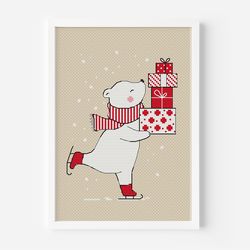 Polar Bear Cross Stitch Pattern PDF, Christmas Decoration Hand Embroidery Digital Design, Winter Decor, Animal Beginner