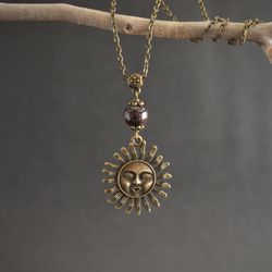 Garnet sun necklace Bronze sun natural garnet pendant necklace Gemstone jewelry