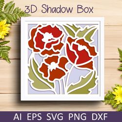 3d poppy flower shadow box svg, Layered papercut decoration for cricut
