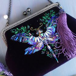 Dragonfly Velvet Crossbody Handbag - Beads Embroidery Evening Clutch