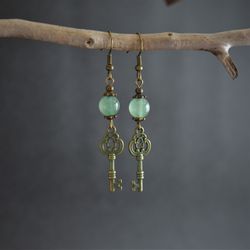 Green aventurine key earrings Gemstone patina bronze vintage style earrings
