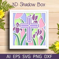 Cross with iris flowers shadow box, 3d layered template for cricut
