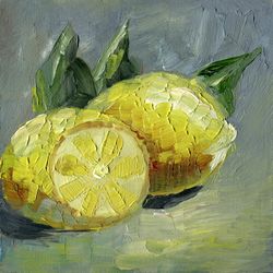 Lemon oil painting on canvas magnet, hand painted magnet, kitchen decor, oil painting food, fridge magnet.