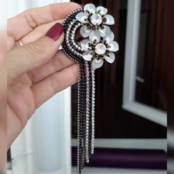 Brooch with rhinestones, Embroidery, Decoration with flowers, Pendant for clothes, Accessory for her, Shining lariat