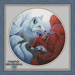 kitsune. ice and flame. cross stitch pattern. cross stitch design. digital. pdf. saga.