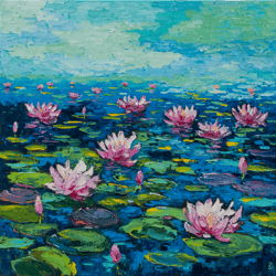 Lotus Painting Flowers Original Art Impressionist Art Impasto Painting Water Lilies Artwork 24"x24" by Ksenia De