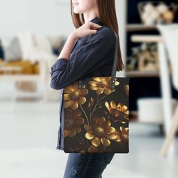PU Leather Handbags Bright Colorful Golden Flowers 6d  Pattern