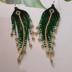 Small green boho beaded ombre earrings for women Little boho earrings Beaded Earrings Huichol Geometric Earrings