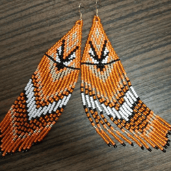 extra long orange beaded earrings with fringe orange dangle earrings charms long earrings handmade fringed earrings