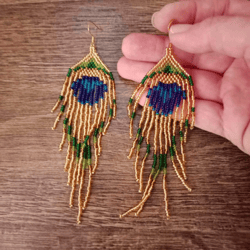 peacock feather chandelier earrings long gold peacock beaded earrings peacock seed bead earrings gold long beaded earrin