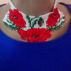 Beads necklace with poppies with fringe Red Seed bead choker Beaded choker Spectacular necklace choker  Flower necklace