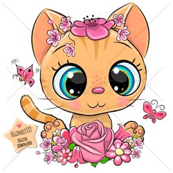cute cartoon kitty png, flowers, clipart, sublimation design, children illustration, digital clip art