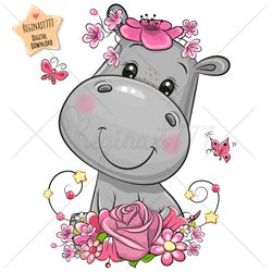 cute cartoon hippo png, girl, flowers, clipart, sublimation design, adorable, print, clip art